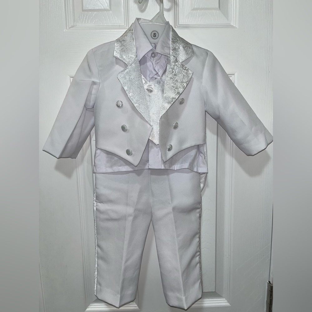 Boy baptism tuxedo, white, only wore once, size 12 months